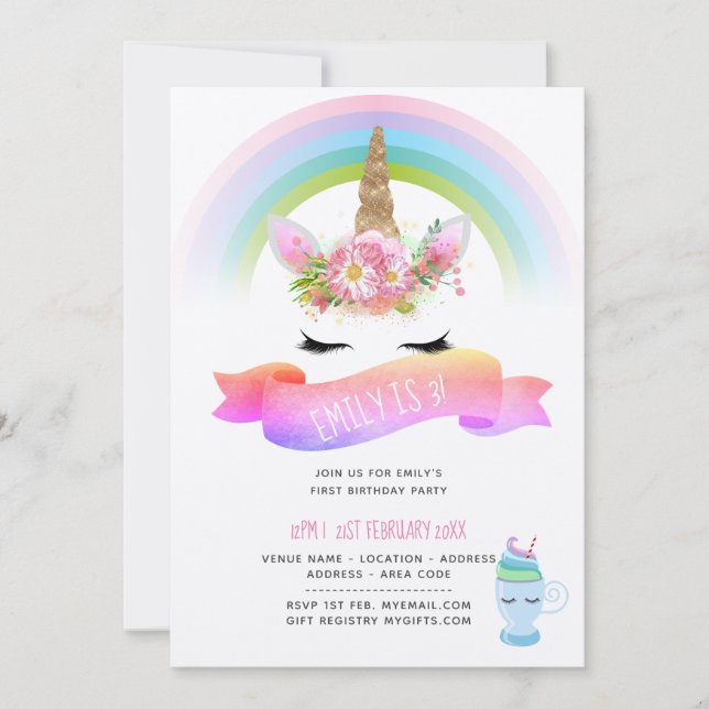 Girls Unicorn Birthday Invites - Pink Lila Gold Einladung (Vorderseite)