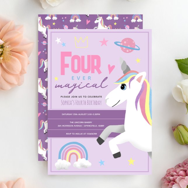 Girls Unicorn Four Ever Magical 4th Birthday Einladung (Von Creator hochgeladen)