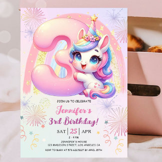 Girls Unicorn Magical Rainbow 3. Geburtstag Party Einladung