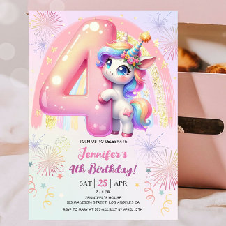 Girls Unicorn Magischer Regenbogen 4. Geburtstag P Einladung