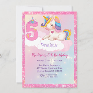Girls Unicorn Rainbow Glitzer 5th Birthday Party Einladung