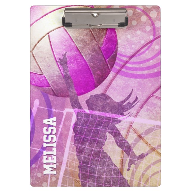 Girls Volleyball Spieler springt ins Netz Klemmbrett (Vorderseite)