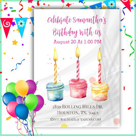 Girls Wasserfarbe Cup Kuchen Geburtstag Einladung