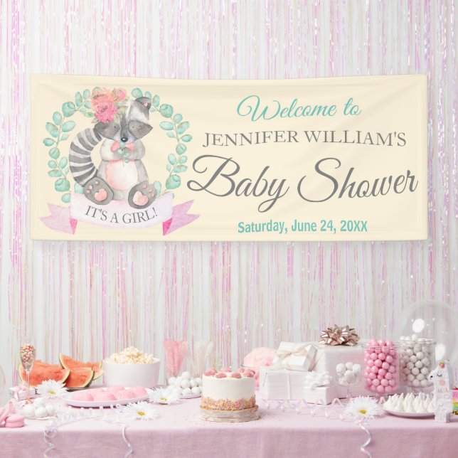 Girls Watercolor Baby Raccoon Babydusche Banner (Party)