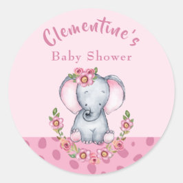 Girl's Watercolor Floral Elephant Pink Baby Shower Runder Aufkleber