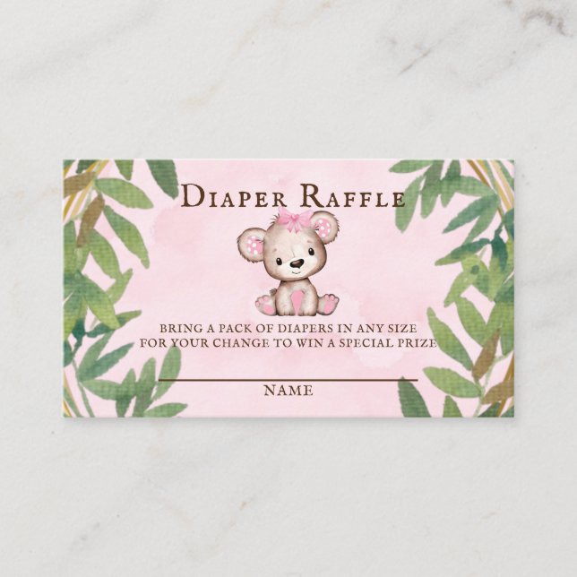 Girl's Watercolor Teddy Bear Diaper Raffle Visitenkarte (Vorderseite)