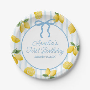 Girls Whimsical Blue Bow Lemon Amalfi Geburtstag Pappteller