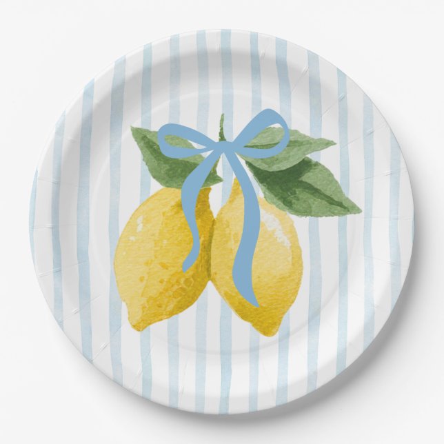 Girls Whimsical Blue Bow Lemon Amalfi Geburtstag Pappteller (Vorderseite)