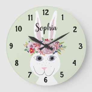 Girls Whimsical Floral Watercolor Kanbit und Name Große Wanduhr
