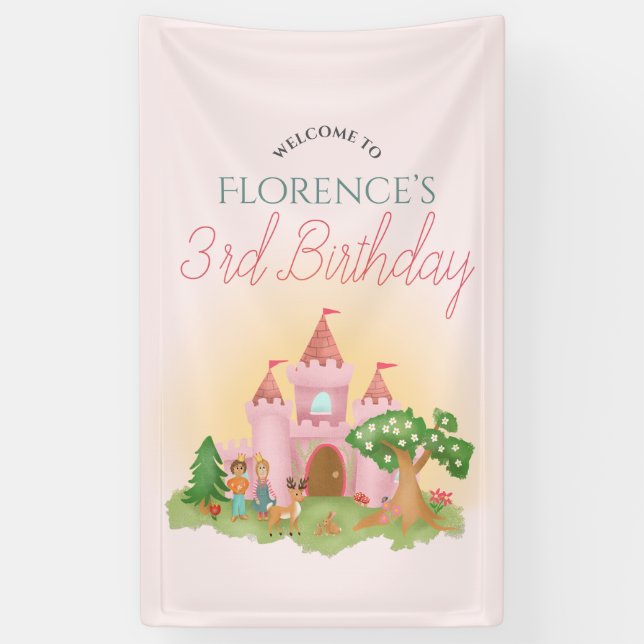 Girls Whimsical Pink Princess Geburtstagswillkomme Banner (Vertikal)