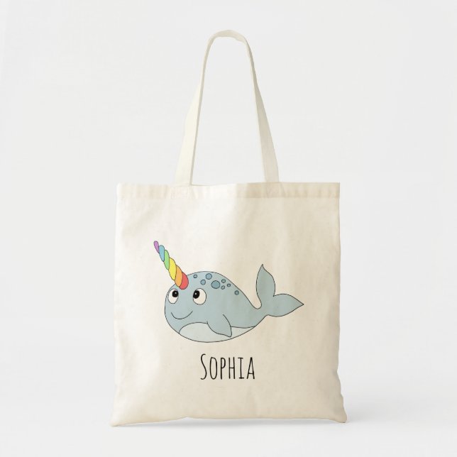 Girls Whimsical Rainbow Narwhal Cartoon Name Kids Tragetasche (Vorne)