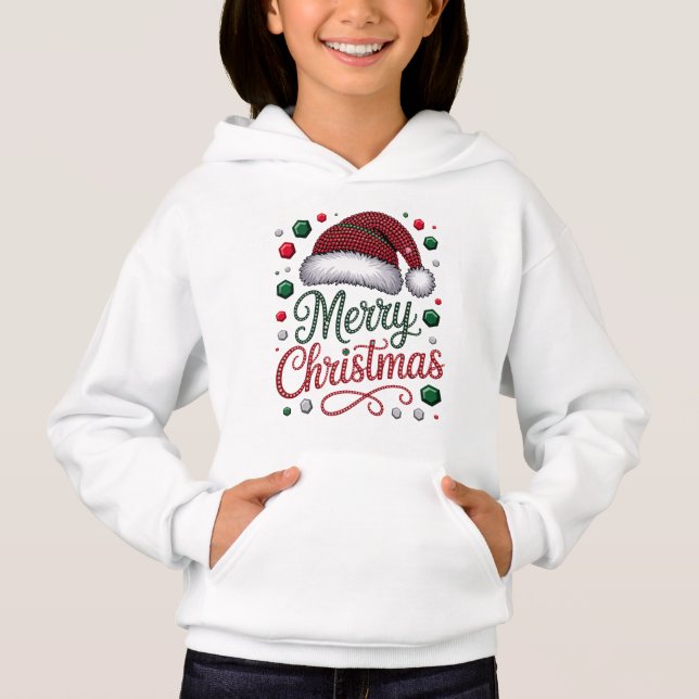 Girls’ White Pullover Hoodie with Santa Claus Desi (Vorderseite)
