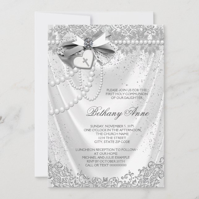 Girls White Satin Erste Kommune Einladung (Vorderseite)