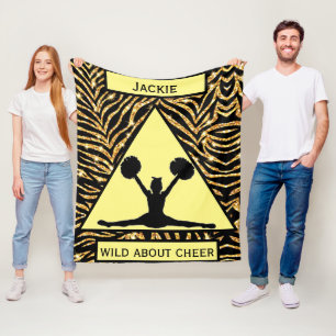 Girls "Wild About Cheer" Gold Black Yellow Zebra Fleecedecke