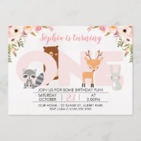 Girls Woodland Animals 1. Geburtstag Einladung