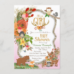 Girls Woodland Antler Baby Dusche Einladung