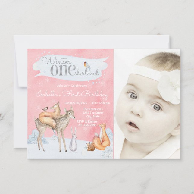 Girls Woodland Winter ONEderland Foto Geburtstag Einladung (Vorderseite)