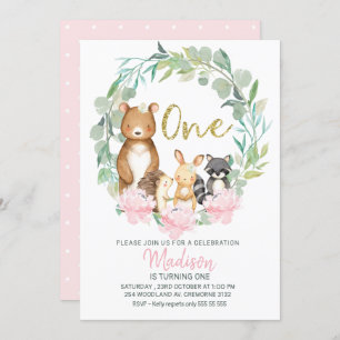 Girls Woodland Wreath Erster Geburtstag Einladung