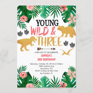 Girl's Young Wild & Three Dinosaur 3. Geburtstag Einladung