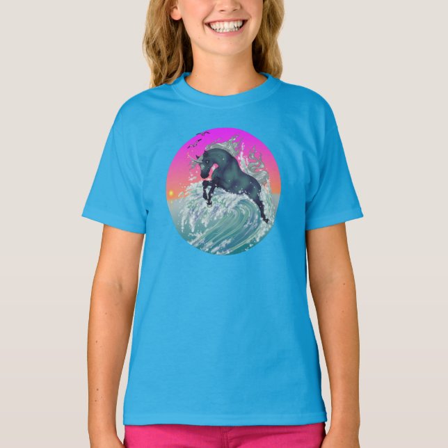 Girl's Youth Unicorn Shirt "Large" in Neon Blue (Vorderseite)