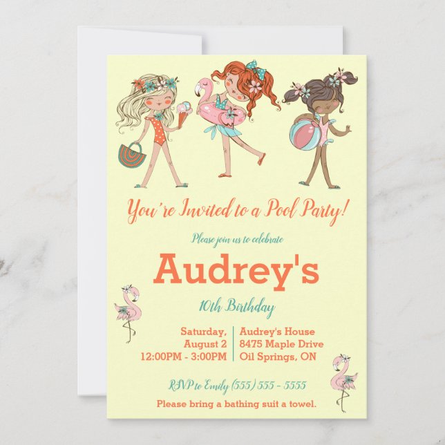 Girls'Pool Party Geburtstagsparty Einladung (Vorderseite)