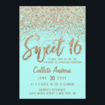 Girly Aqua Aquamarin Gold Scattered Glitzer Sweet  Einladung<br><div class="desc">Dieses einzigartige und hübsche Sweet 16-Einladungs-Design besticht durch Imitate, die mit funkelnd Gold bedruckt sind, die handgeschriebene Pinseltypografie und verstreuten Glitzer in einem alleinigen Farbverlauf auf einem aquamarinen grünen Hintergrund des Wassers. Auf der Rückseite sieht man einen großen Chic, Glitzer Nummer 16. Dieses elegante, stilvolle und künstlerische Design ist perfekt...</div>