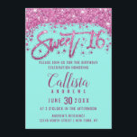 Girly Aqua Aquamarin Hellrosa Glitzer Staubmilch 1 Einladung<br><div class="desc">Dieses einzigartige und originelle Sweet 16-Einladungs-Design besticht durch moderne, mädchenhafte und schicke Imitats, die hellrosa dichten Glitzer-Staub bedruckt haben und auf einem aquamarinen, schlichten aqua-grünen Hintergrund eine benutzerdefinierte Pinseltypografie des Glitzer erhalten. Diese elegante und glamouröse Einladung wird Ihre Gäste begeistern und das perfekte Kompliment für die hübsche und stilvolle Geburtstagsparty...</div>