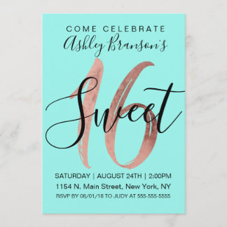 Girly Aqua Aquamarine Rose Goldene Foil Süße 16 Einladung