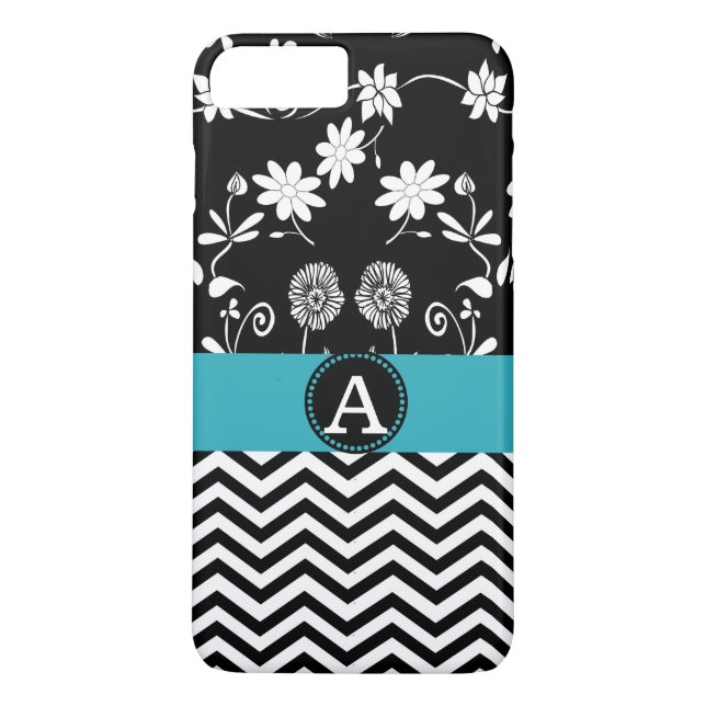 Girly Aqua Black & White Zickzack Monogram Name Case-Mate iPhone Hülle (Rückseite)