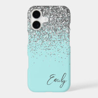 Girly Aqua Blau Silber Glitter Monogramm