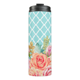 Girly Aqua blaue Quatrefoil Pfirsich-Rose mit Thermosbecher
