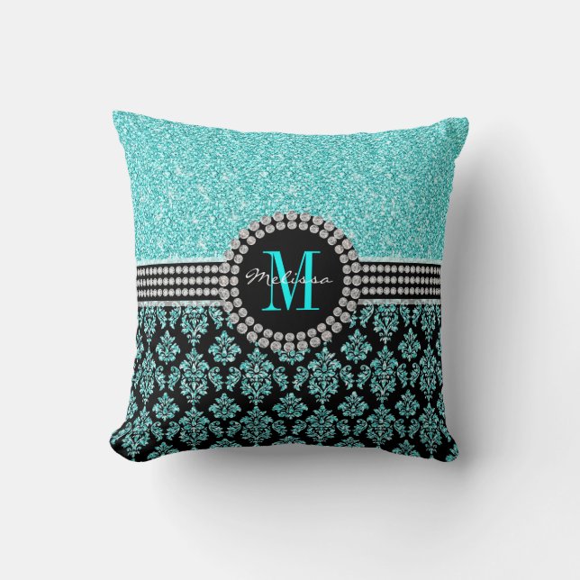 Girly Aqua-blauer Glitzer-Monogramm-Damast-Name Kissen (Vorderseite)