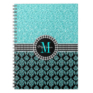 Girly Aqua-blauer Glitzer-Monogramm-Damast-Name Notizblock
