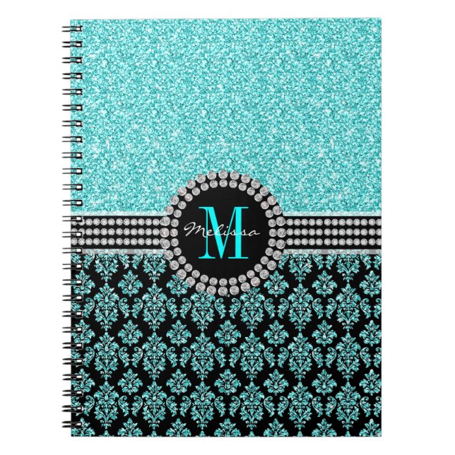 Girly Aqua-blauer Glitzer-Monogramm-Damast-Name Notizblock (Vorderseite)