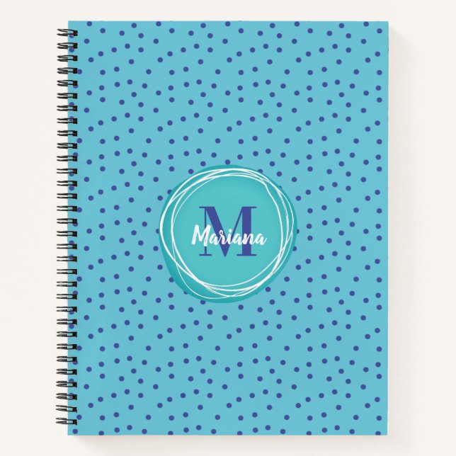 Girly Aqua Blue Dots Muster Monogram Notizbuch (Vorderseite)