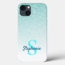 Girly Aqua Blue Glitzer Ombre Monogram