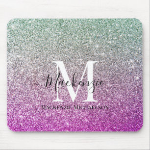 Girly Aqua Blue Pink Ombre Glitzer Monogram Name Mousepad
