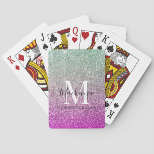 Girly Aqua Blue Pink Ombre Glitzer Monogram Name Spielkarten