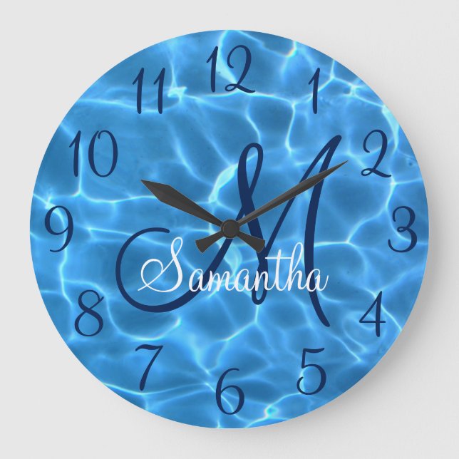 Girly Aqua Blue Schwimmbad Foto Monogram Große Wanduhr (Vorderseite)