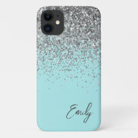 Girly Aqua Blue Silver Glitzer Monogram