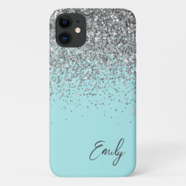 Girly Aqua Blue Silver Glitzer Monogram Case-Mate iPhone Hülle