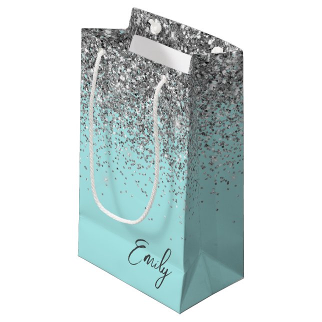 Girly Aqua Blue Silver Glitzer Monogram Kleine Geschenktüte (Vorderseite Schrägansicht)