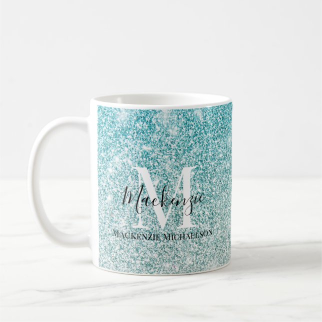 Girly Aqua Blue Silver Ombre Glitzer Monogram Name Kaffeetasse (Links)