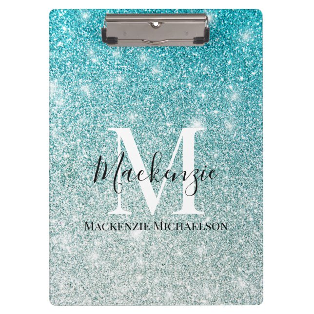 Girly Aqua Blue Silver Ombre Glitzer Monogram Name Klemmbrett (Vorderseite)