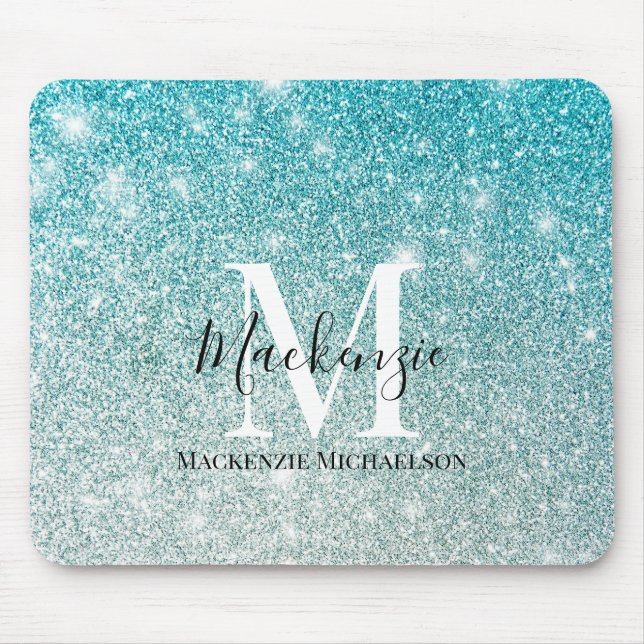 Girly Aqua Blue Silver Ombre Glitzer Monogram Name Mousepad (Vorne)