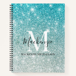 Girly Aqua Blue Silver Ombre Glitzer Monogram Name Notizbuch