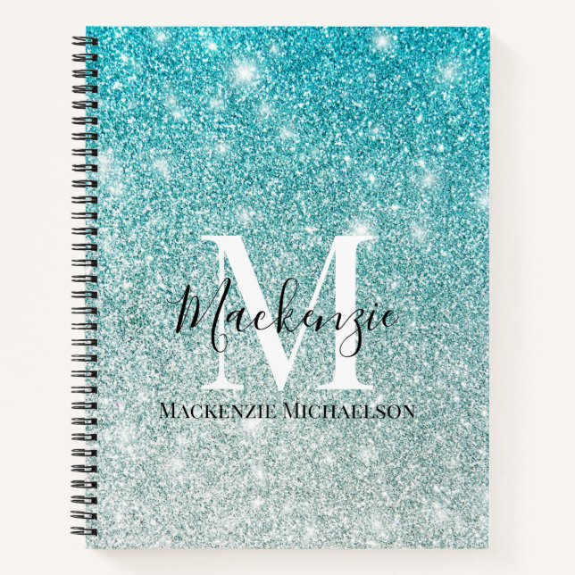 Girly Aqua Blue Silver Ombre Glitzer Monogram Name Notizbuch (Vorderseite)