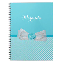 Girly Aqua Gingham Niedlich Pearls Rose Bow mit Na Notizblock