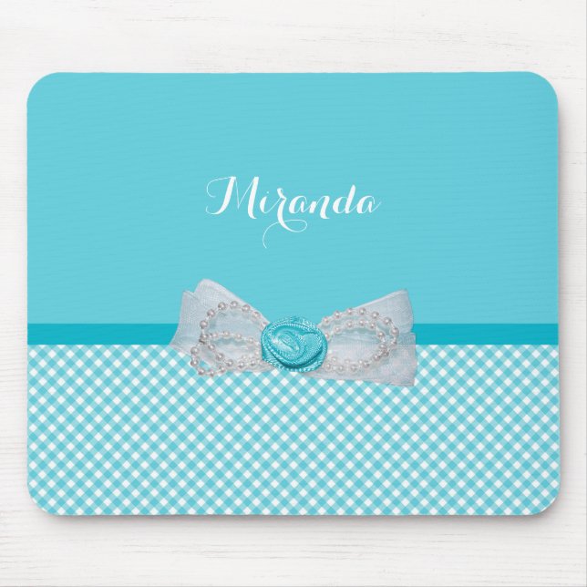 Girly Aqua-Gingham-niedlicher Perlen-Rosen-Bogen Mousepad (Vorne)