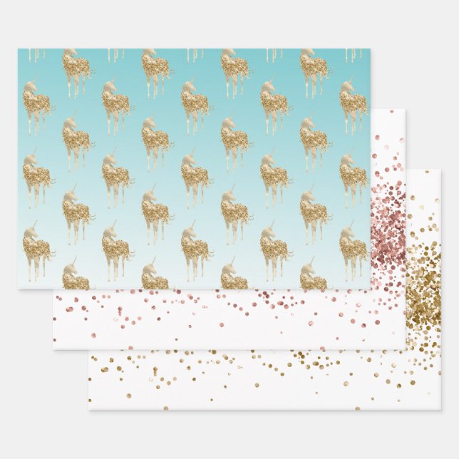 Girly Aqua Gold Confetti Glitzer Unicorn Geschenkpapier Set (Set)